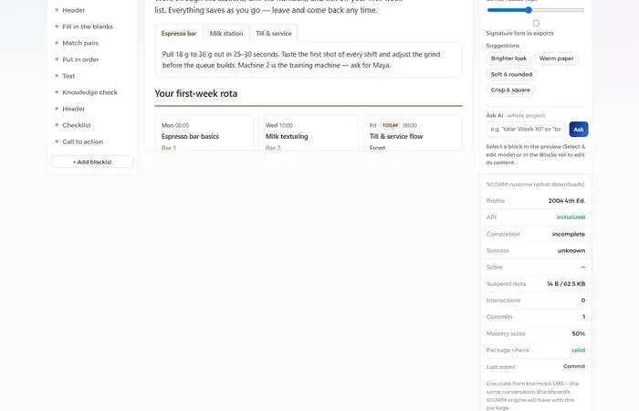 interacty studio editor with a block outline, a lesson preview and a SCORM runtime inspector showing completion, success and score.