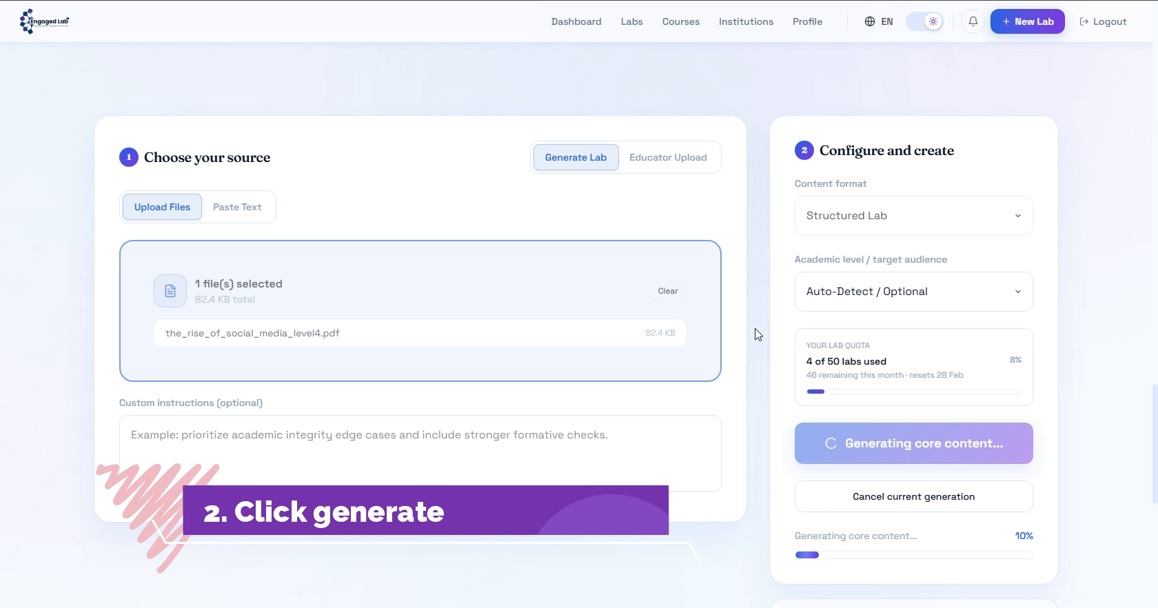 EngagedLab builder showing source upload and lab generation controls
