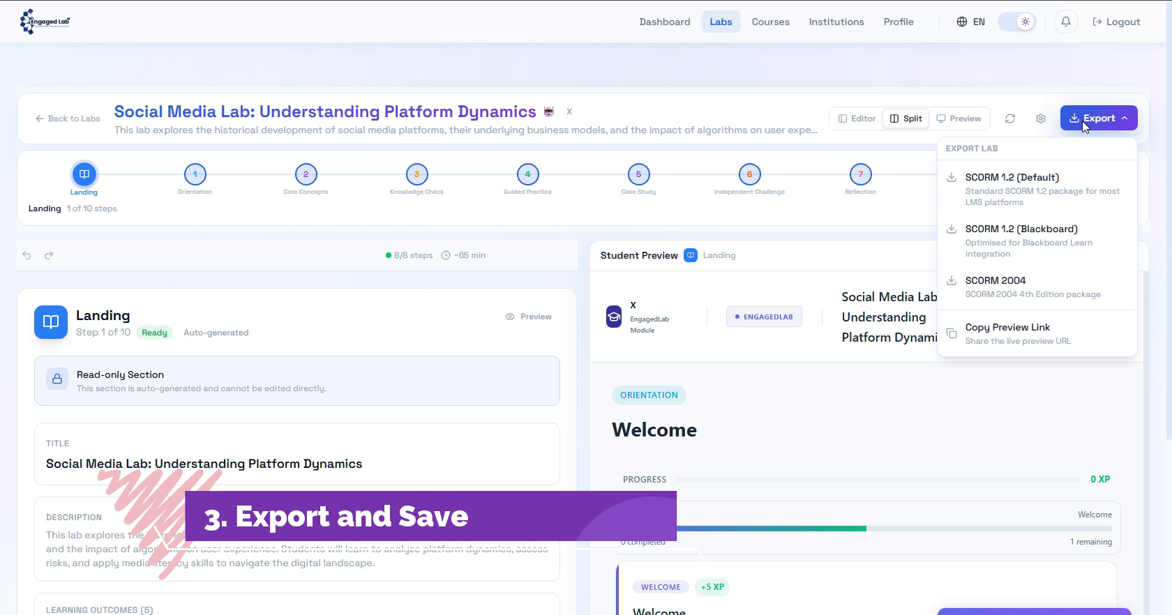 EngagedLab editor with export menu open