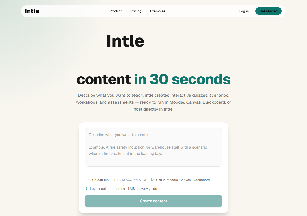 intle marketing homepage with describe-to-create prompt and optional file upload