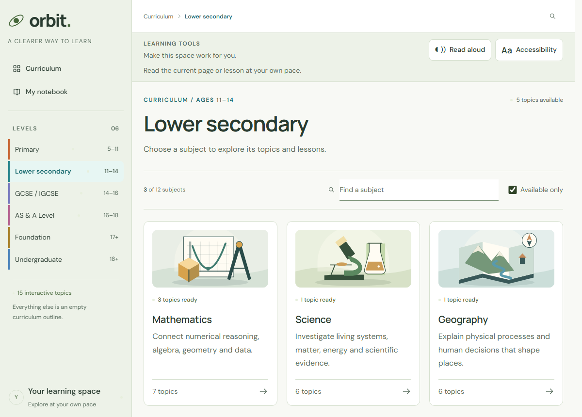 Orbit's curriculum view with illustrated subject cards and available topics