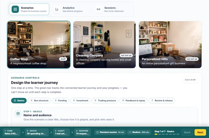 Module lead dashboard with scenario, analytics and sessions tabs, three business scenarios (coffee shop, cleaning company, personalised gifts) and a seven-step control to design the learner journey.
