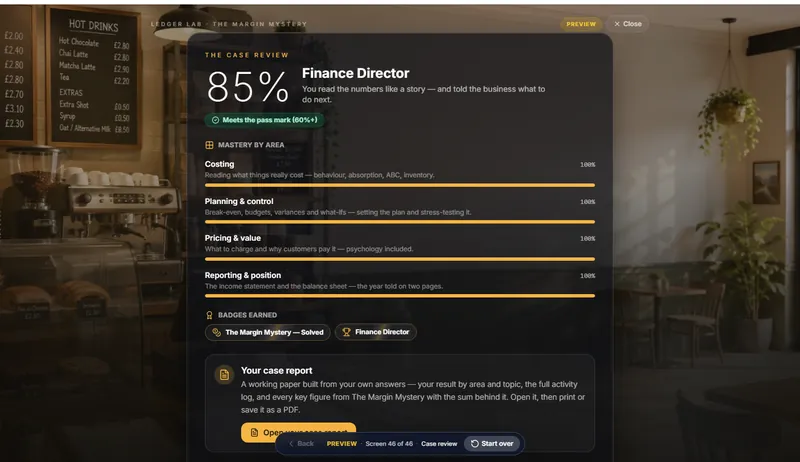 Ledger Lab case review showing an overall score, mastery by area (costing, planning and control, pricing and value, reporting and position), badges earned and a downloadable case report.