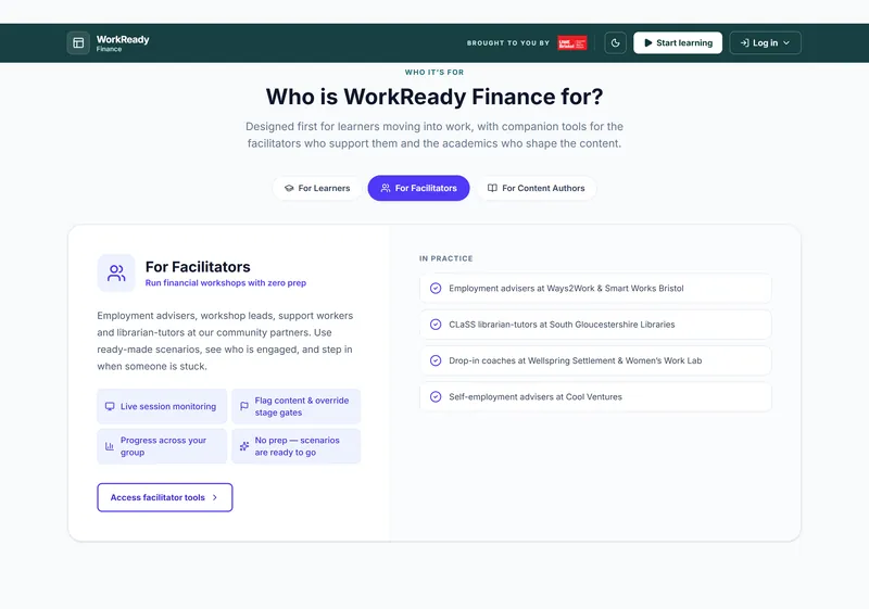 The facilitator section of WorkReady Finance: run financial workshops with zero preparation, with live session monitoring, progress across a group, content flagging and stage-gate overrides.