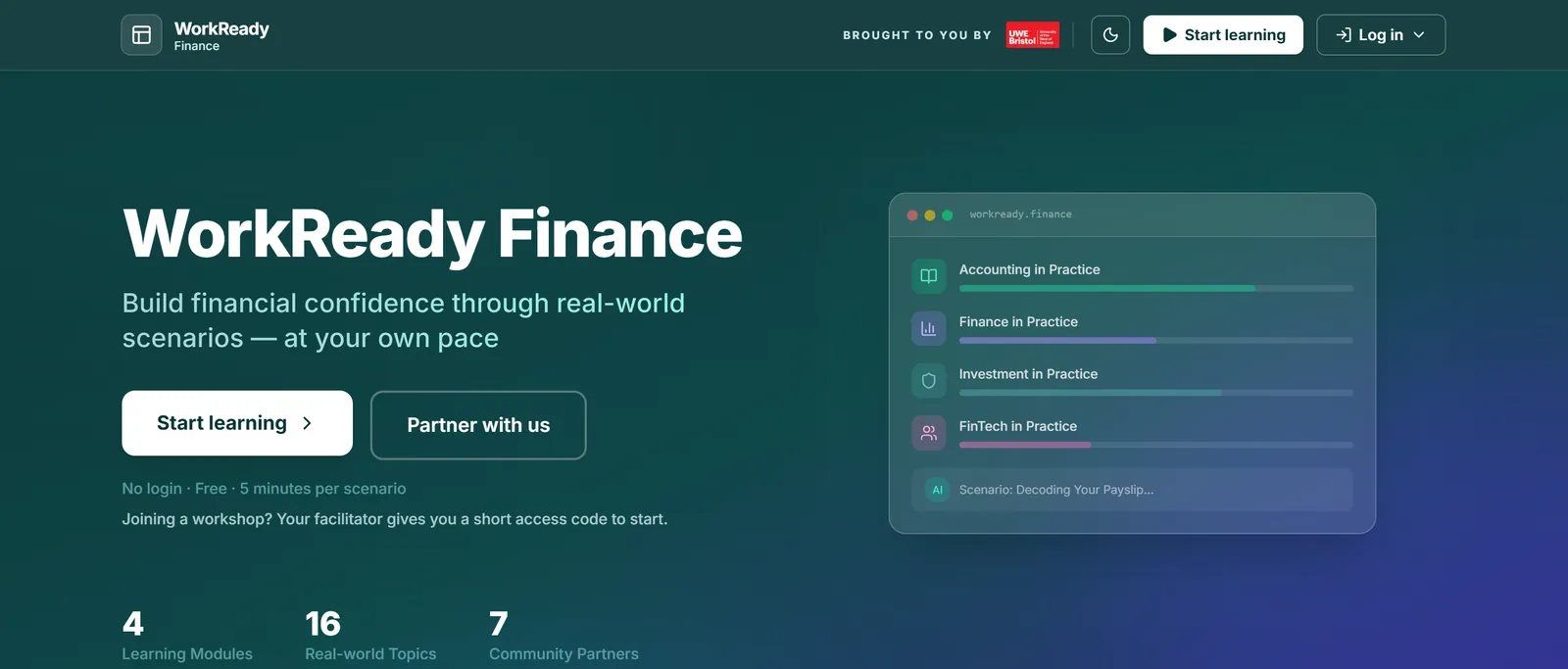 The WorkReady Finance homepage: 'Build financial confidence through real-world scenarios, at your own pace', with Start learning and Partner with us buttons and a preview of the four modules.