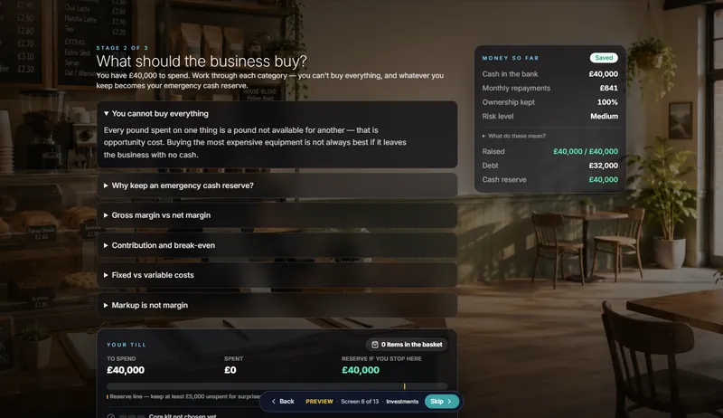 Spending decision: 'What should the business buy?', with concept explainers on opportunity cost, margins and break-even, a till showing money spent and the reserve left, and a money-so-far panel.