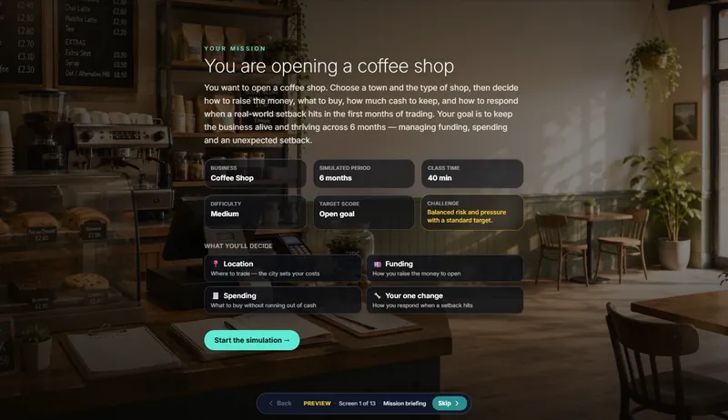 Mission briefing: 'You are opening a coffee shop', with the business, simulation length, difficulty and the steps learners will decide, from location and funding to spending.