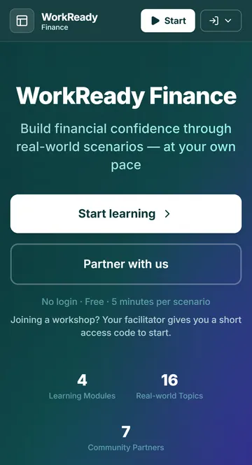 WorkReady Finance on a phone, showing no login, free, five minutes per scenario.